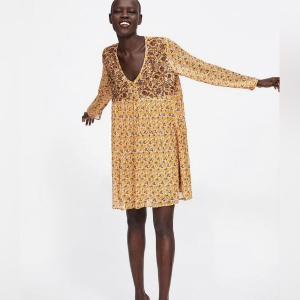 ZARA Floral Embroidered Long Sleeve Mini Dress Mustard Yellow - XS - Picture 2 of 16